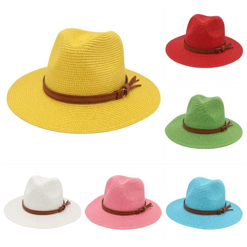 Bucket Hat Straw - หมวกปานามาสำหรับฤดูใบไม้ผลิและฤดูร้อน พร้อมเข็มขัดสีเหลือง หมวกฟางชายหาด ระบายอากาศได้ดี สไตล์ลำลอง หมวกแจ๊ส