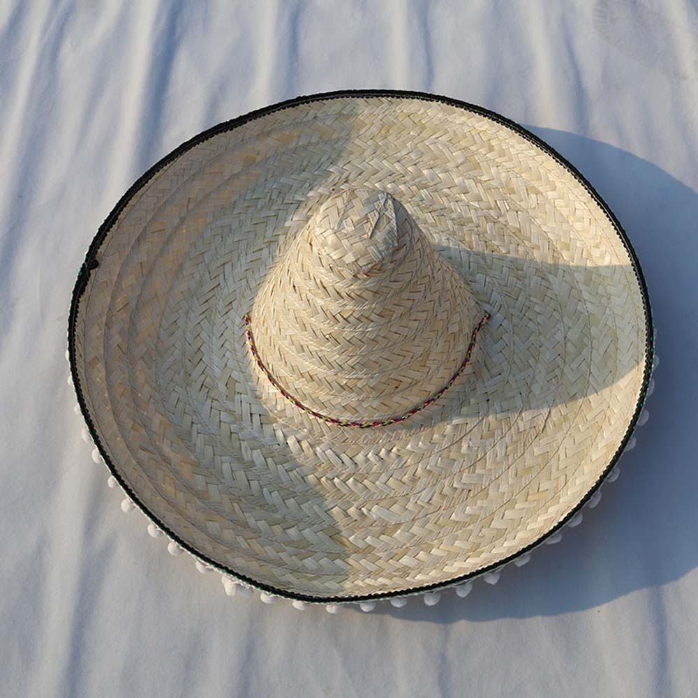 Bucket Hat Straw - หมวกปาร์ตี้ปีกกว้างสไตล์เม็กซิกัน ทำจากฟางธรรมชาติ หมวกปานามา หมวกฟางเม็กซิกันสำหรับการแสดงบนเวที หมวกหลากสีสันสำหรับงานคาร์นิวัล หมวกทรงโซมเบรโร