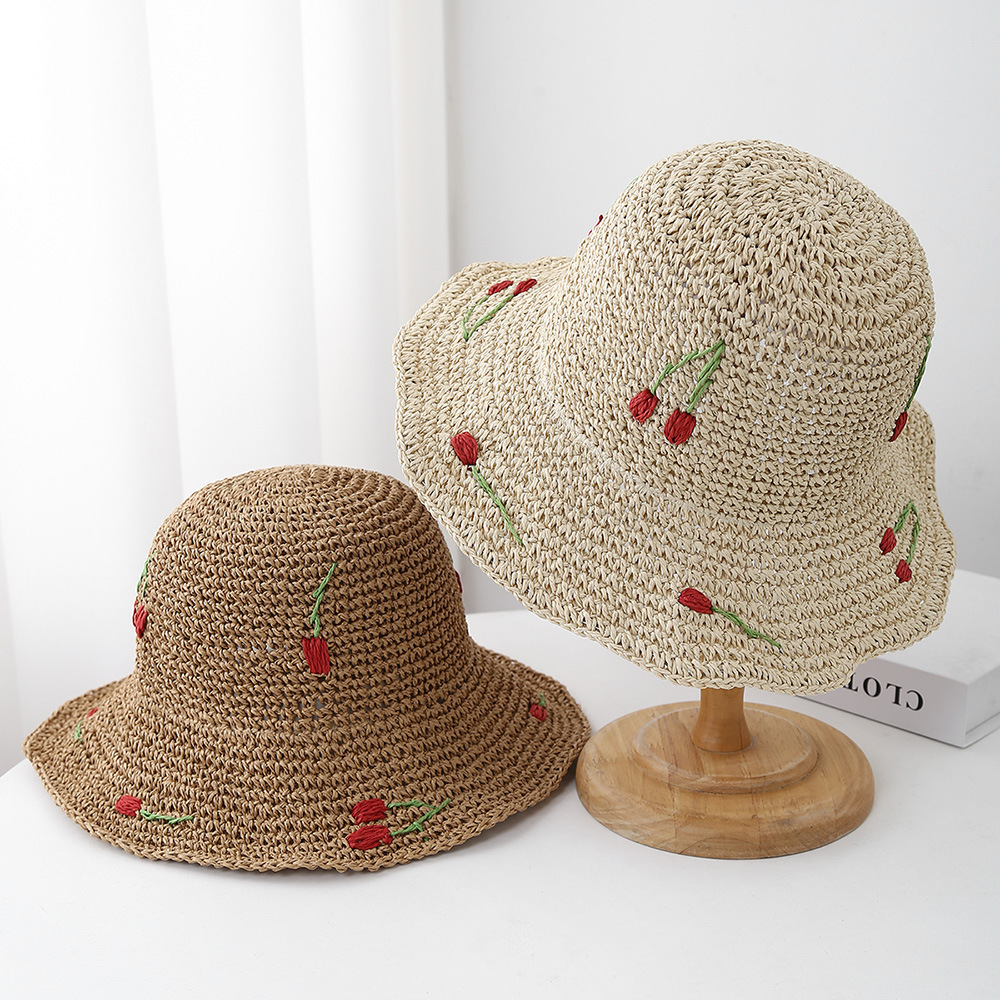 Bucket Hat Straw - หมวกฤดูร้อนสําหรับผู้หญิงหมวกเชอร์รี่ตกแต่งหมวก Seaside Holiday Sun Protection Breathable