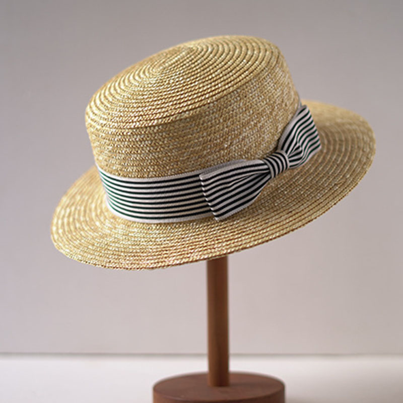 Bucket Hat Straw - หมวกนักพายเรือปีกกว้างหมวกฟางทรงแบนติดโบว์ลายทางหมวกบังแดดหมวกฟางสำหรับฤดูร้อนหมวกดาร์บี้สำหรับสตรีหมวกปาร์ตี้ชายหาดการแสดงบนเวที
