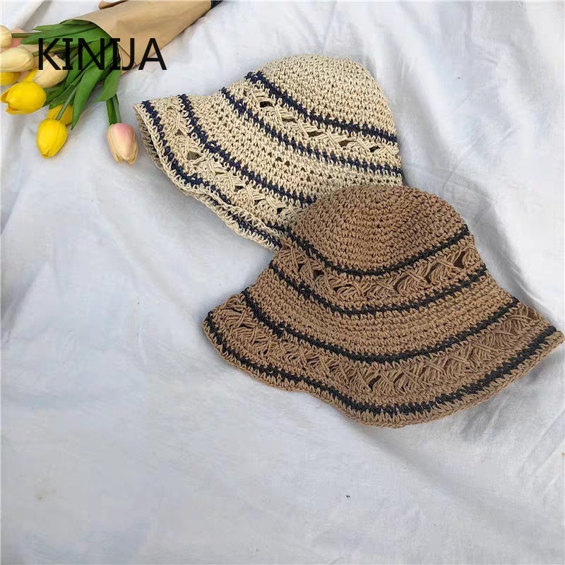 หมวกฤดูร้อนผู้หญิงหมวกฟางหมวกก - Bucket Hat Straw บทวิจารณ์และราคา